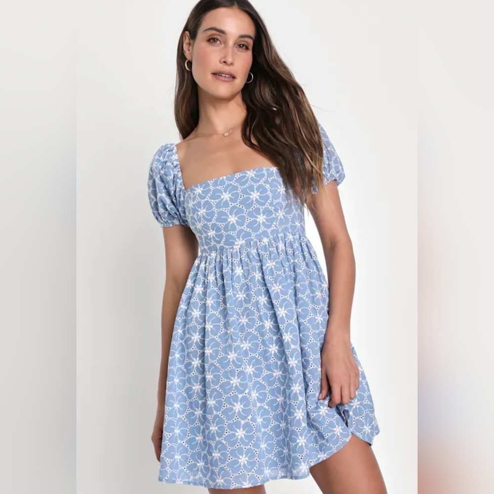 Lulus Fit to Frolic Blue Eyelet Lace Puff Sleeve Babydoll Dress